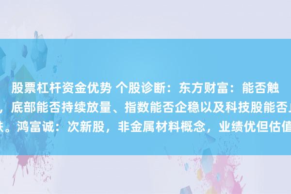 股票杠杆资金优势 个股诊断:东方财富:能否触底成功可关注三个要素,底部能否持续放量、指数能否企稳以及科技股能否止跌。鸿富诚:次新股,非金属材料概念,业绩优但估值太高,注意波动风险(杨勇)